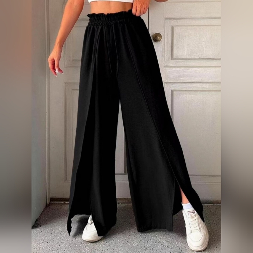 Elegant Full Size Black Wide-Leg Slit Pants